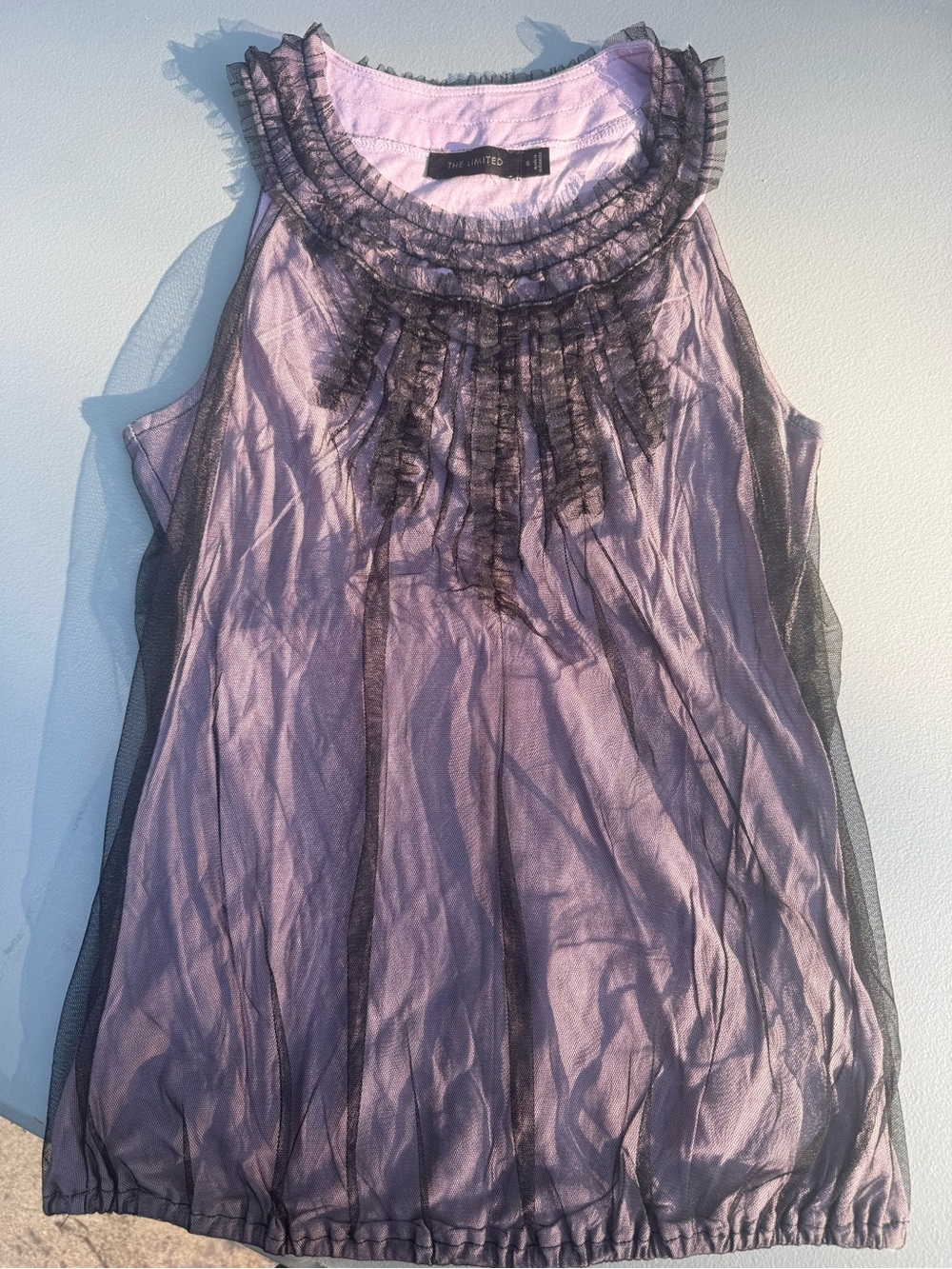 The Limited lavender sleeveless top with black tulle ruffle